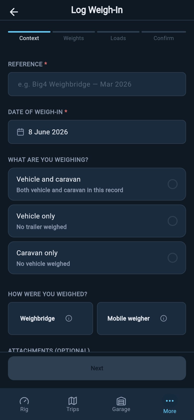 Weigh-in context screen with reference, date, rig configuration, and weigh method choices.
