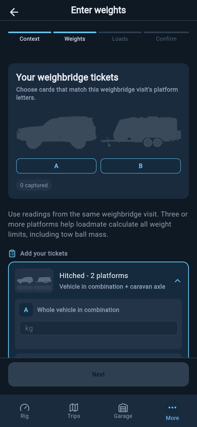 Weighbridge ticket-card picker showing available platform layouts and an expanded hitched ticket card.