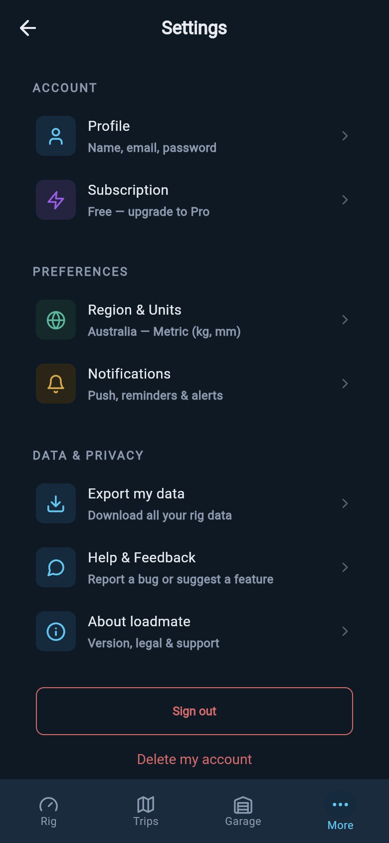 Settings screen with the Account section showing a Profile row labelled Name, email, password above a Subscription row.