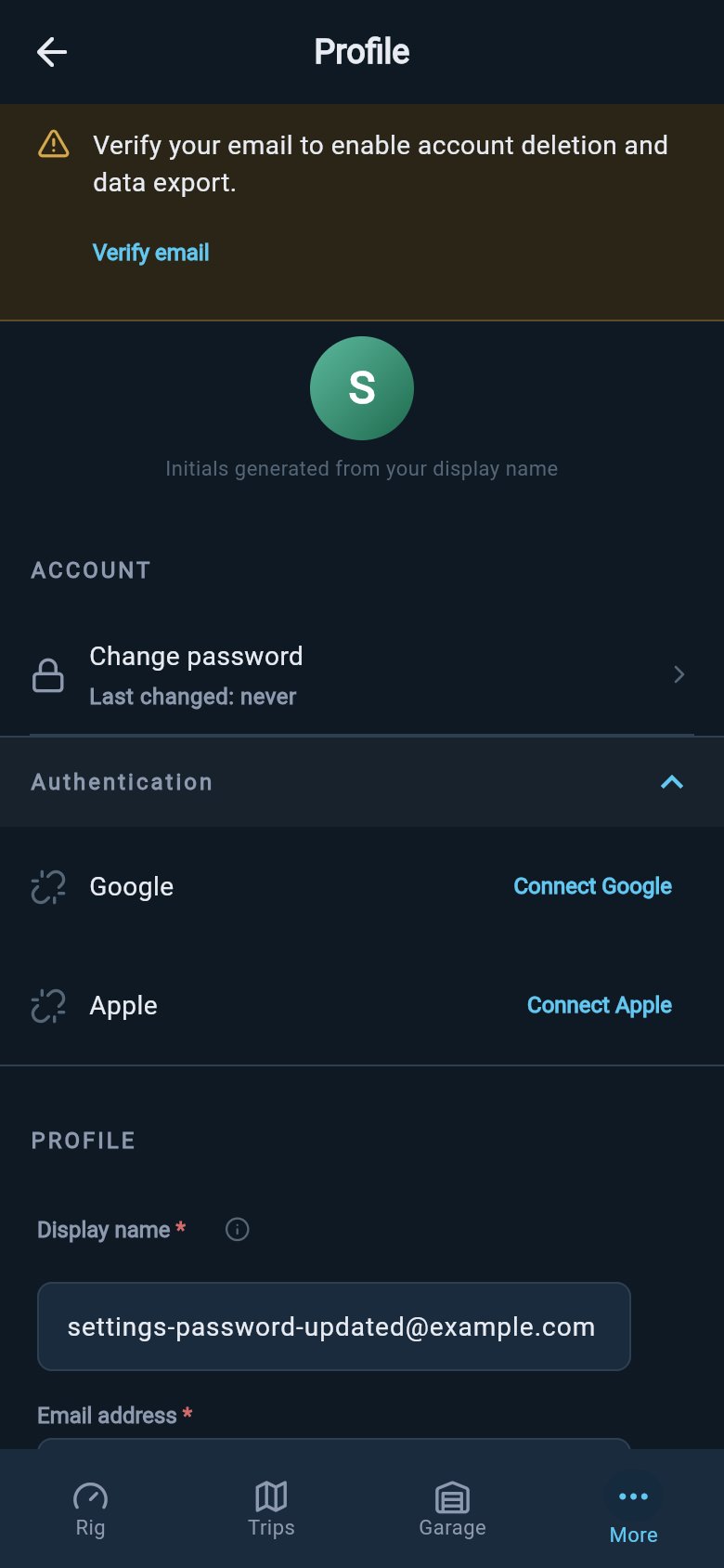 Profile Account section showing the current sign-in method and an expanded Authentication list with Google and Apple connect options.