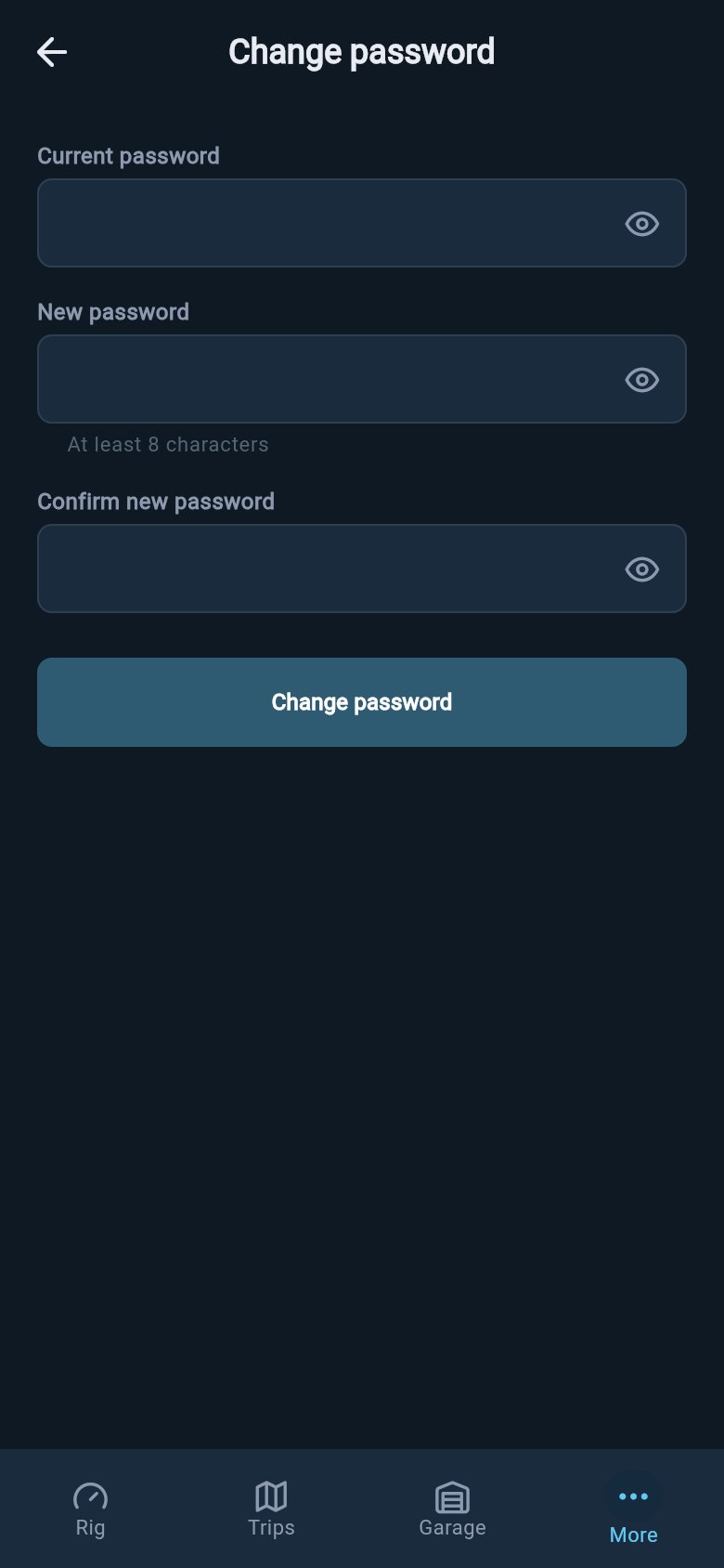Change password screen with current password, new password, confirm new password fields, and a save button.