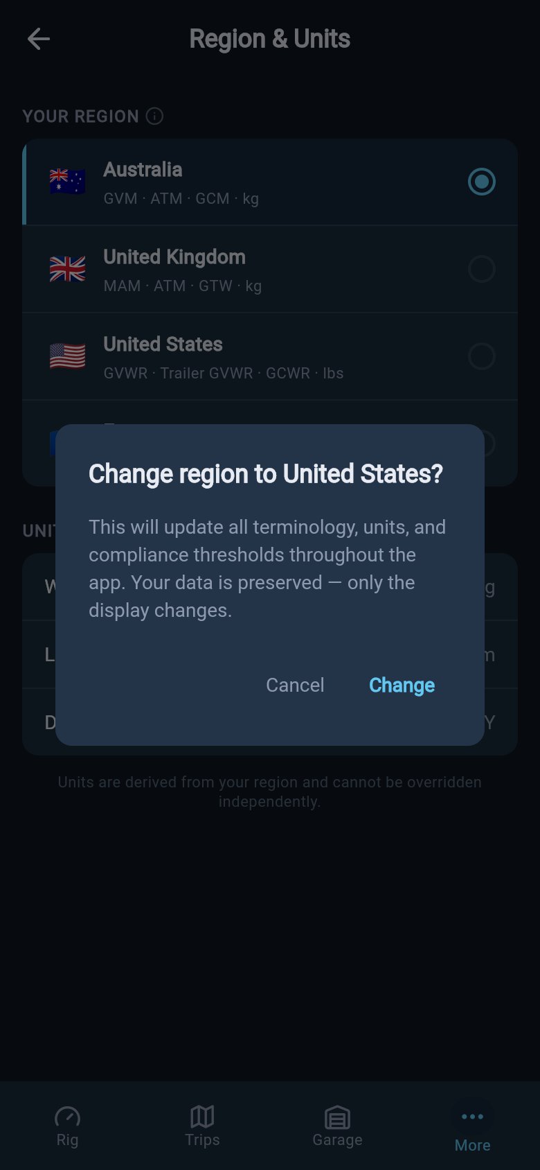 Confirmation dialog for changing region, with Cancel and Change buttons and a message that saved data is preserved.