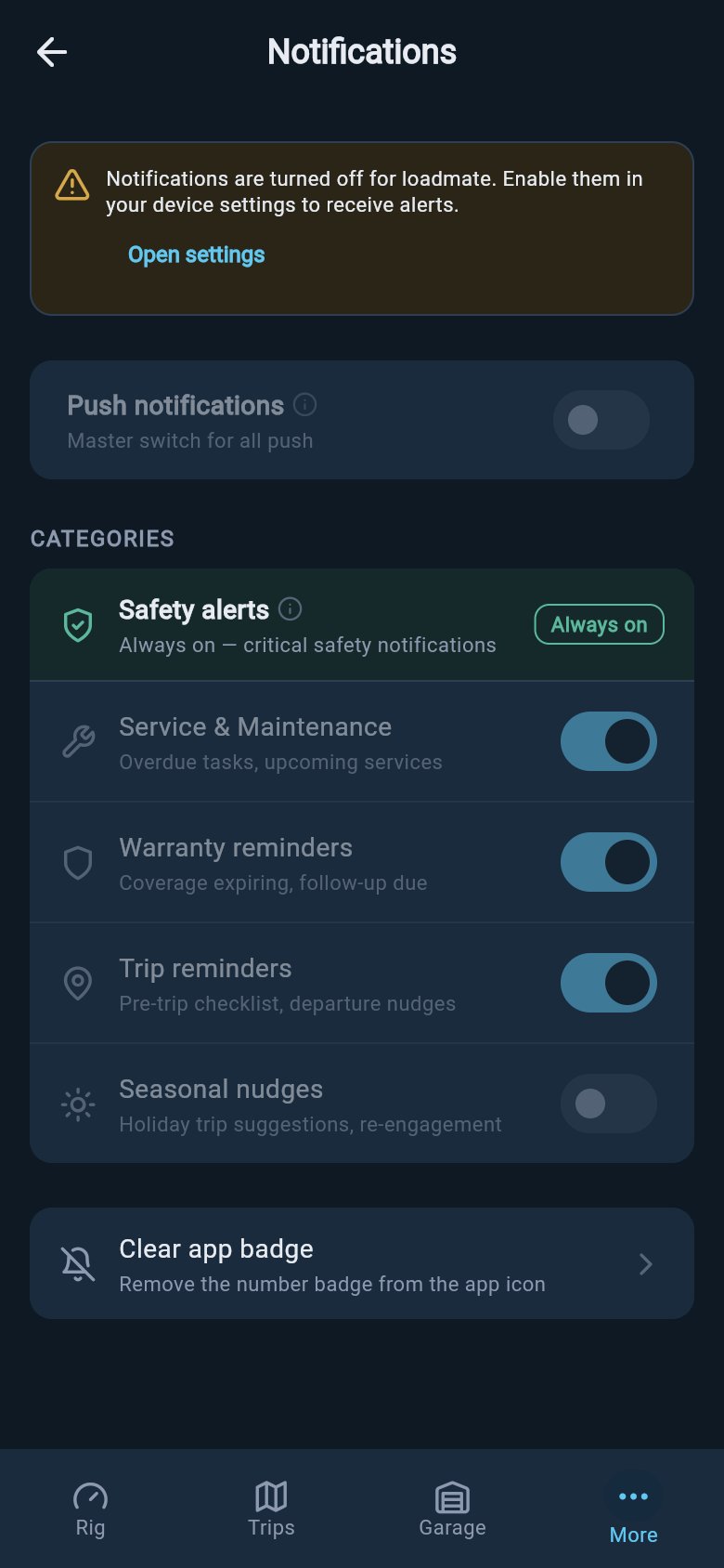 Notifications screen with a yellow warning banner, Open settings button, disabled switches, and Safety alerts marked Always on.