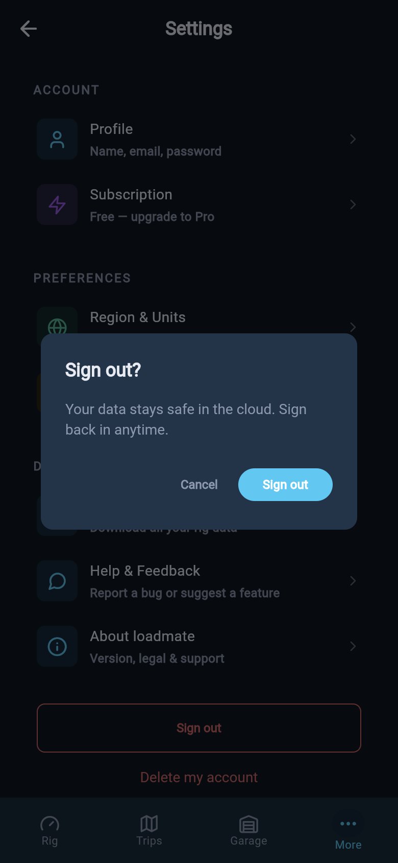 Sign out confirmation dialog with Cancel and Sign out buttons.