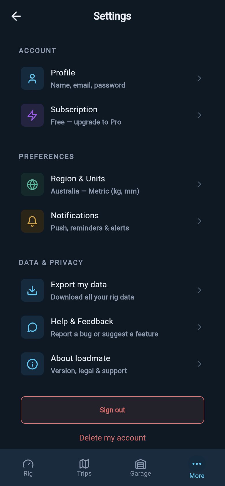 Bottom of the Settings list showing Sign out above Delete my account.