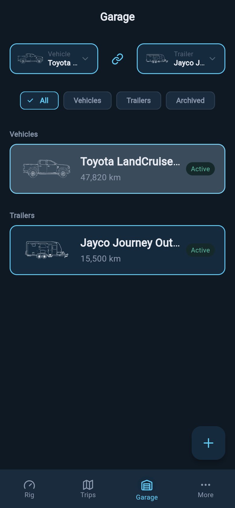 Garage selector strip showing the active vehicle box, chain icon, and active trailer box above the asset list.