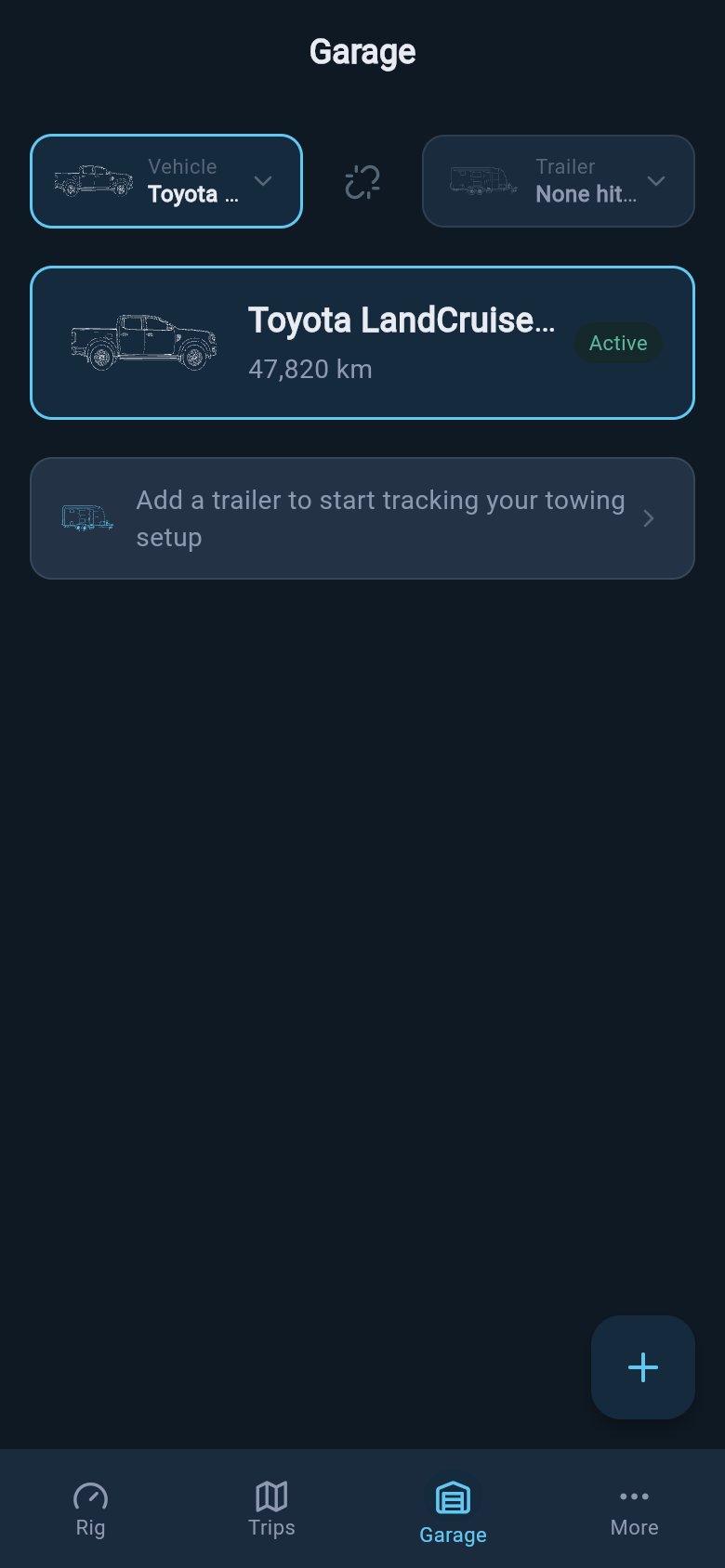 Single-vehicle Garage state showing an active tow vehicle and an add-a-trailer prompt.