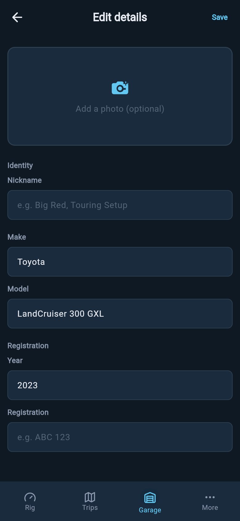 Edit vehicle details screen showing photo, nickname, make, model, year, and registration fields.