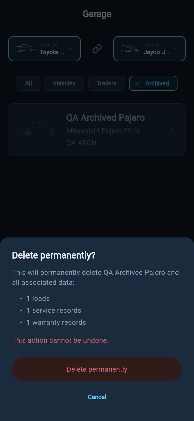 Delete permanently confirmation sheet listing loads, service records, and warranty records that will be removed.