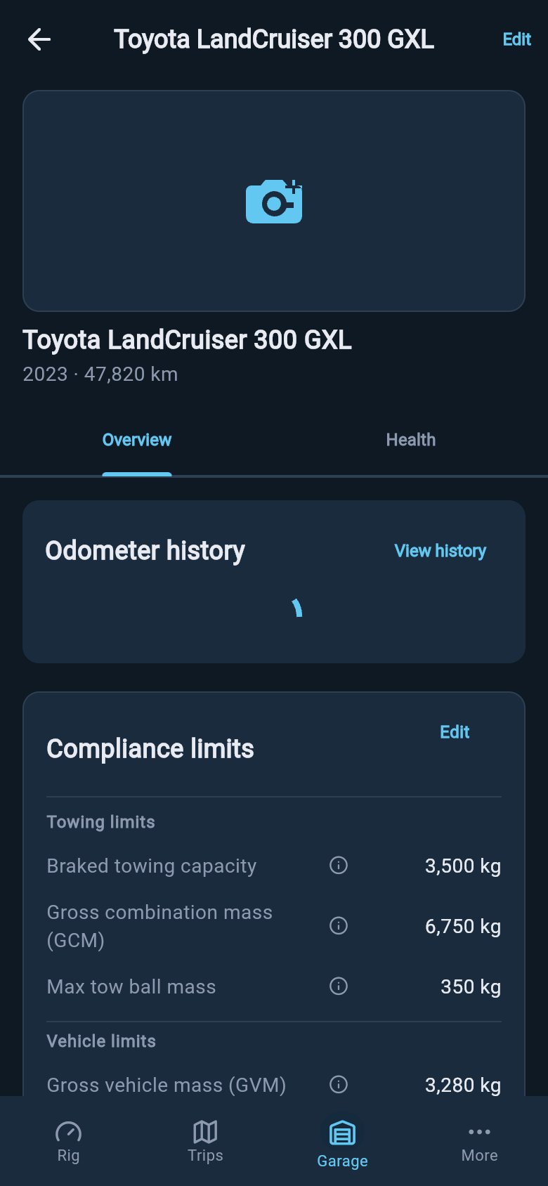 Vehicle profile screen showing the Overview and Health tabs with a completed overview below.