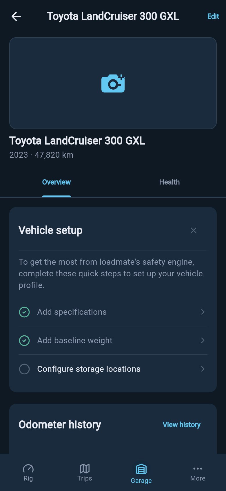 Vehicle profile overview showing the Vehicle setup checklist with storage locations still incomplete.