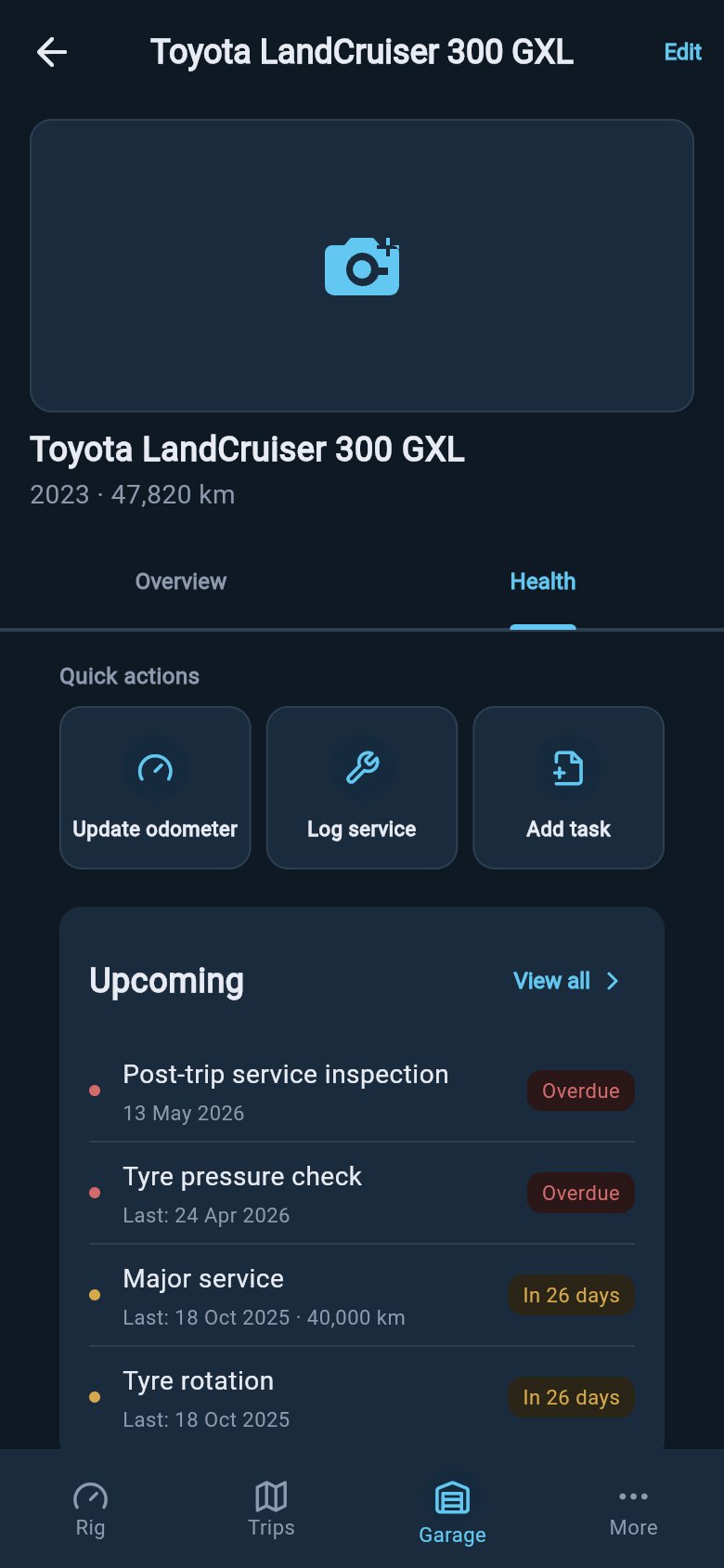 Vehicle profile Health tab with quick actions, upcoming maintenance, and service, tyres, and warranty rows.