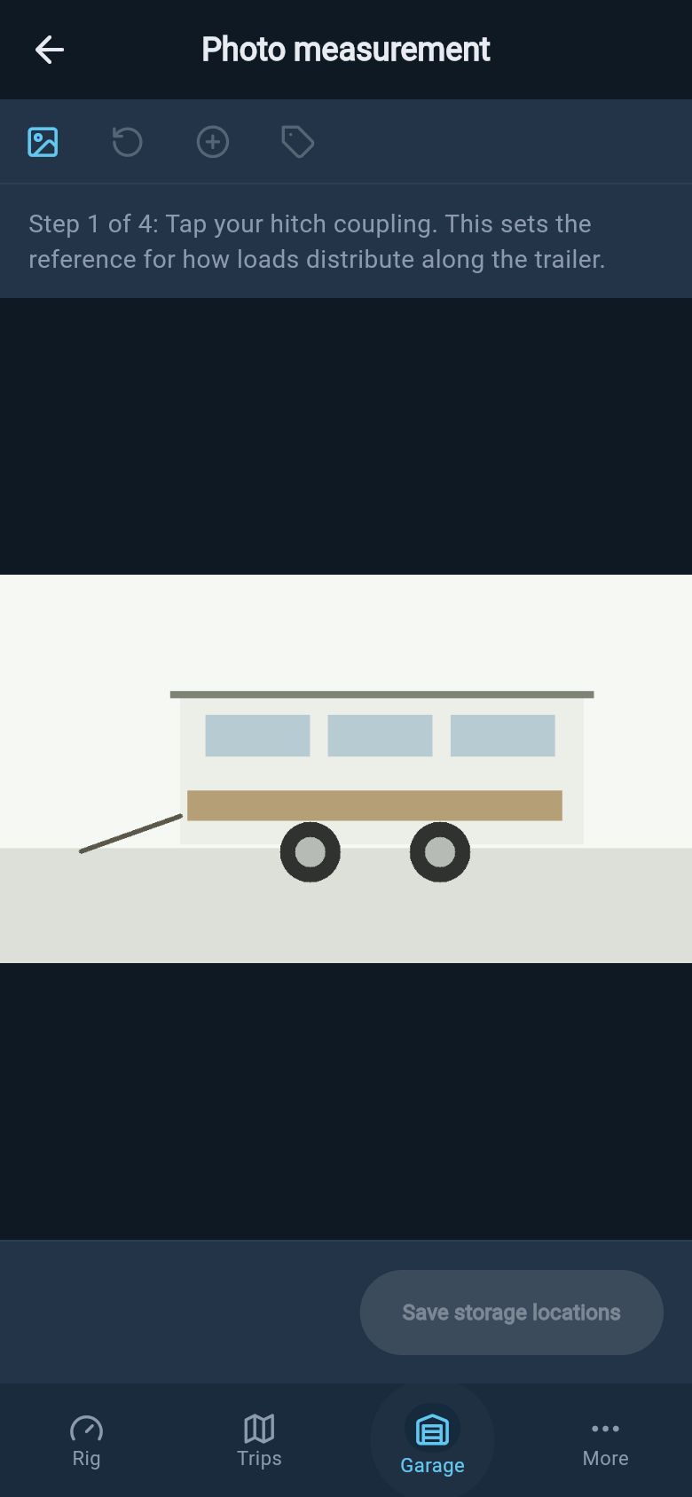 Animation of the photo measurement storage-zone setup screen using a side-on trailer image.