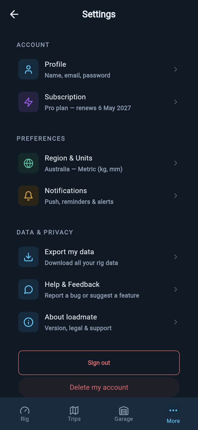 Settings and More area showing the Help and Support row.
