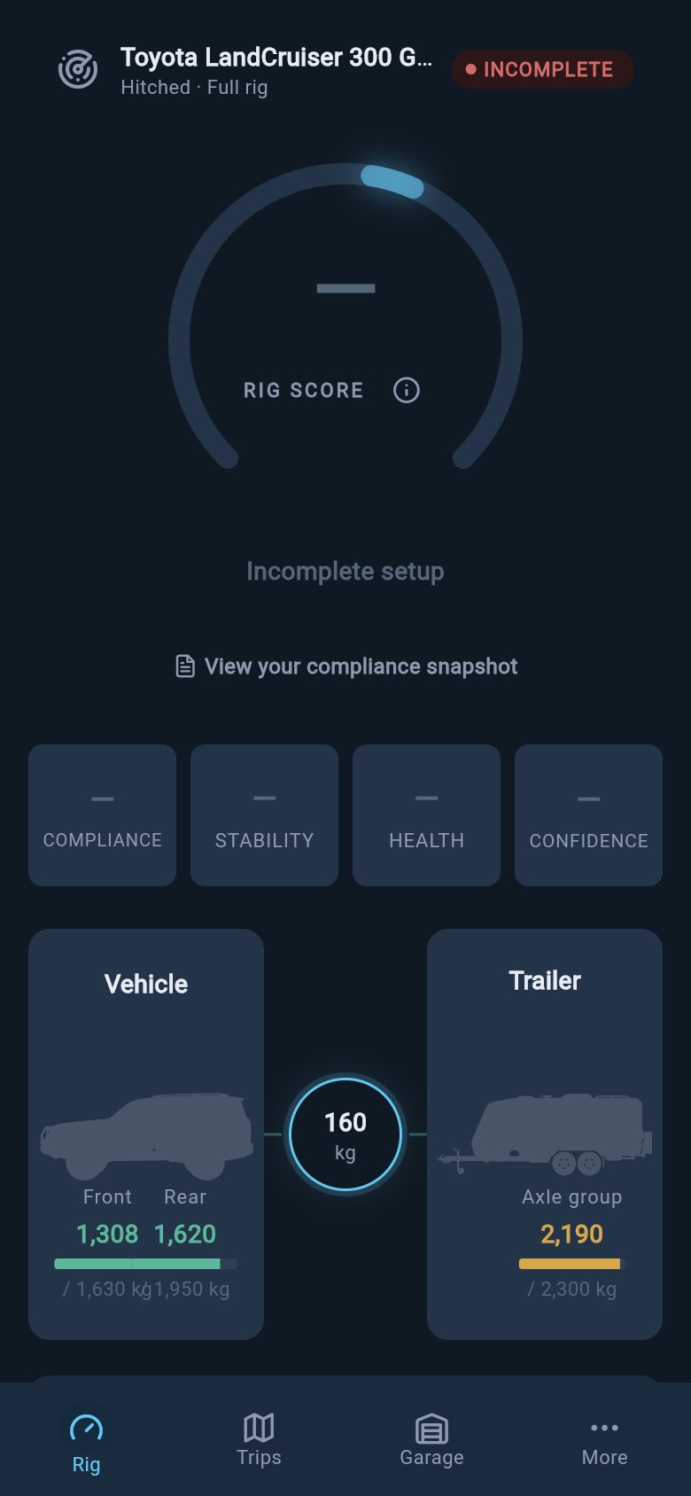 Rig tab with a locked score and a missing-input line under the gauge.