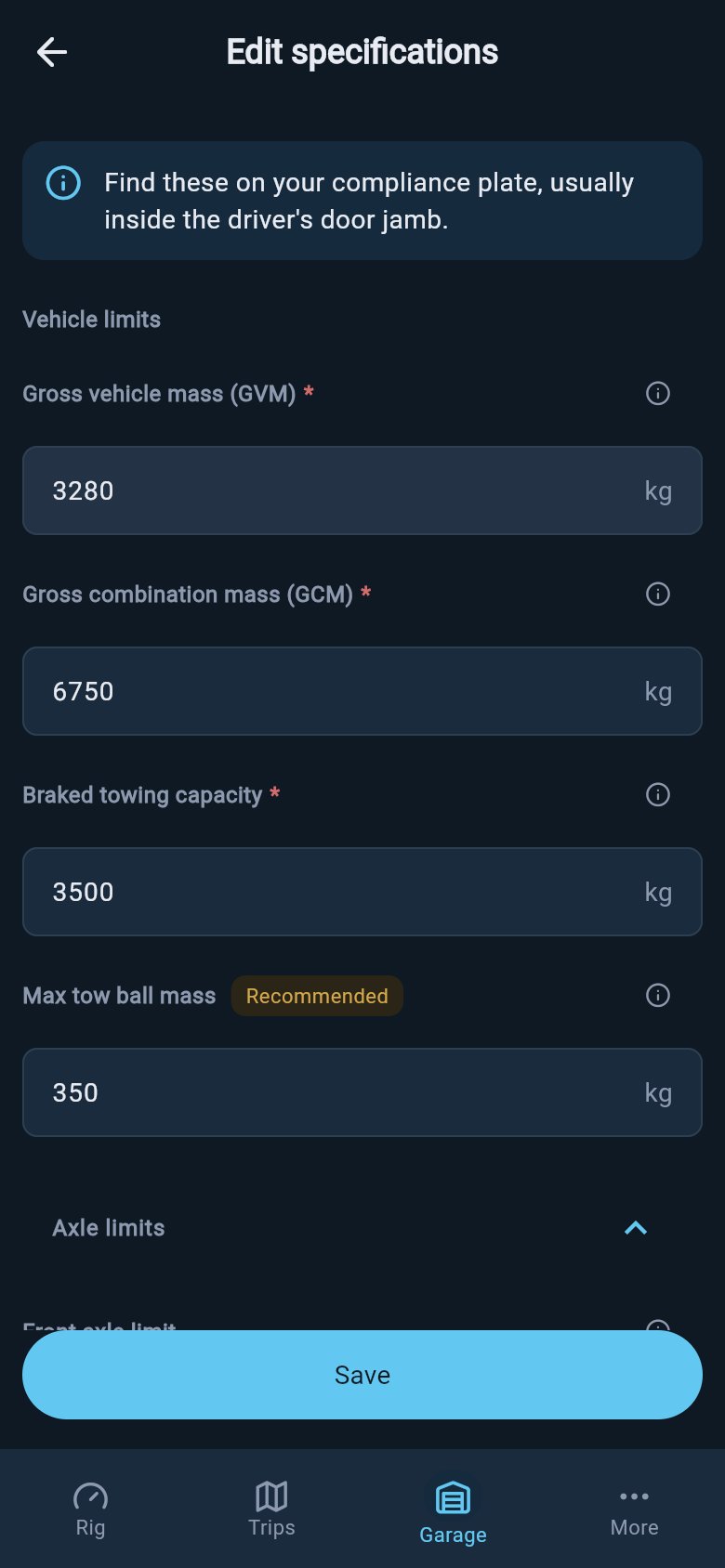 Vehicle ratings screen showing GVM, GCM, and braked towing fields.