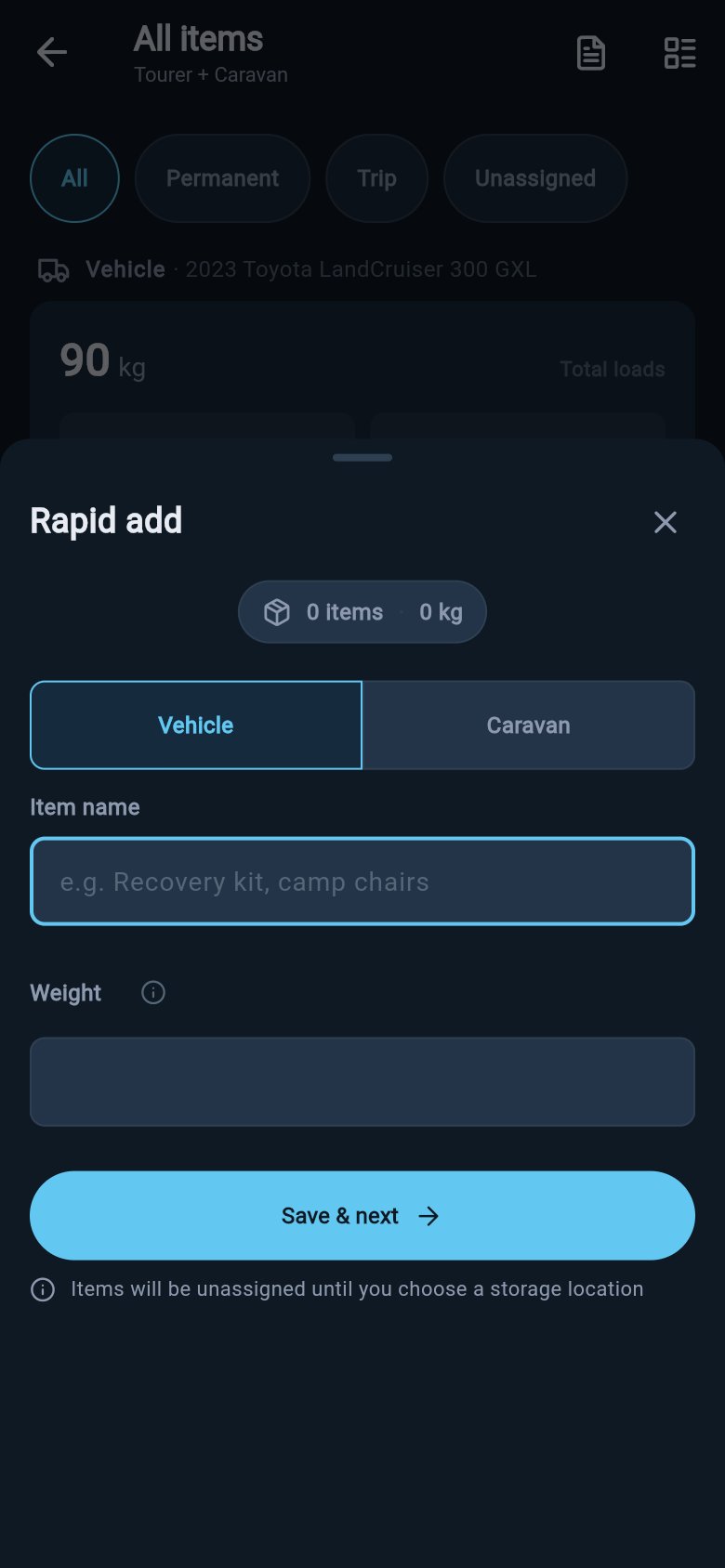 Rapid add sheet showing Vehicle and Caravan tabs, item name and weight fields, a running item count, and the Save and next button.