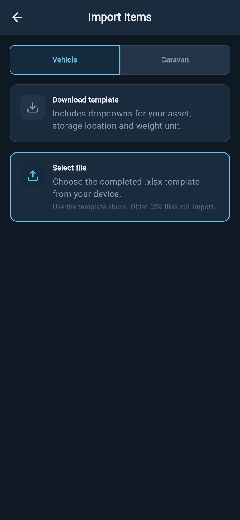 Import Items screen showing Download template and Select file action cards for the selected asset.
