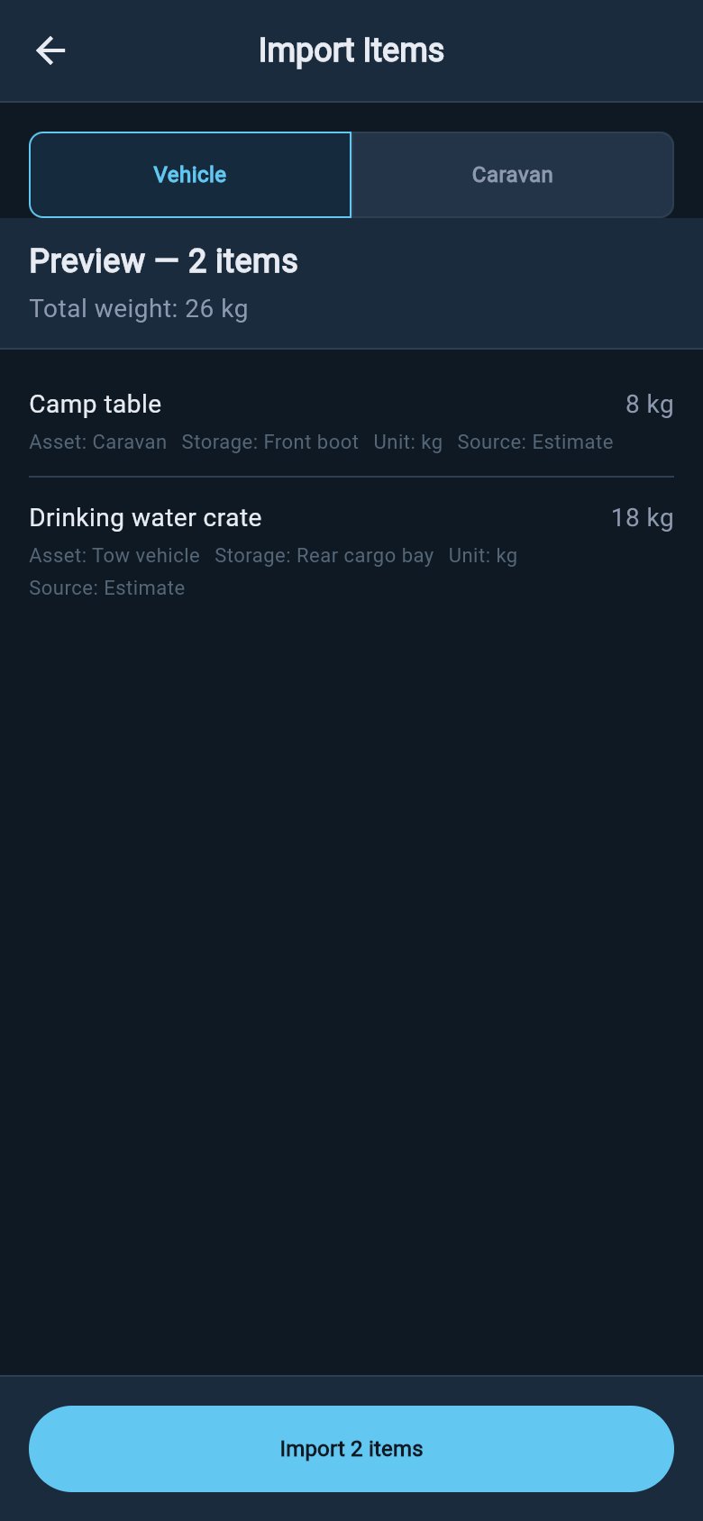 Import preview screen showing two parsed load rows, their total weight, and an Import 2 items button.