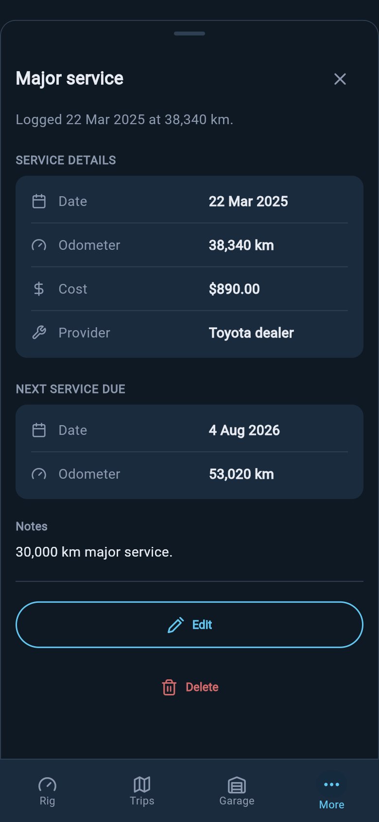 Service record detail with date, odometer, cost, provider, notes, edit, and delete actions.
