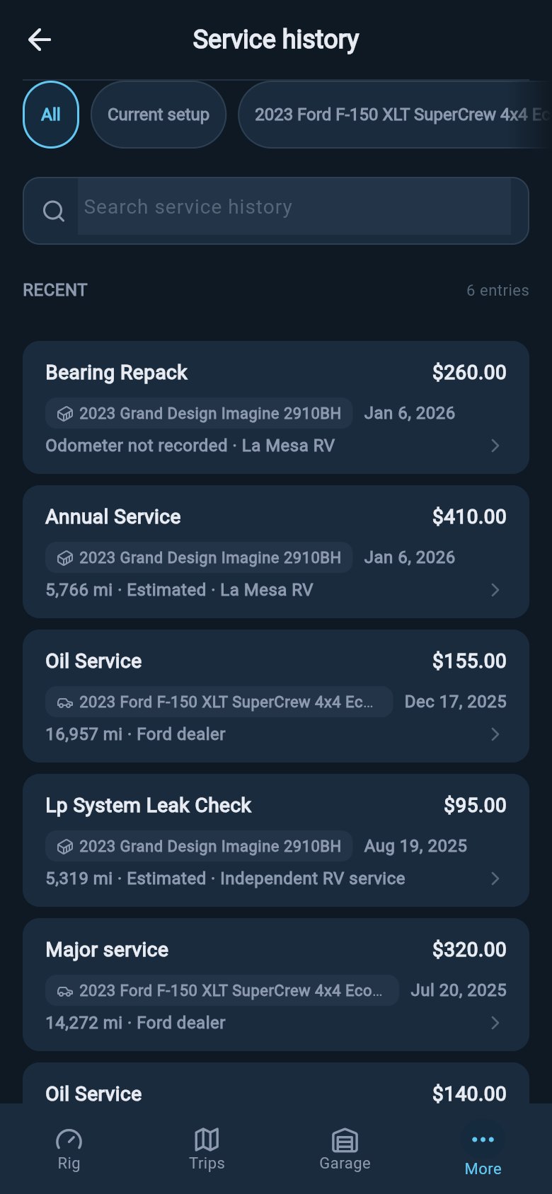 United States service history showing imperial distance and US currency formatting.