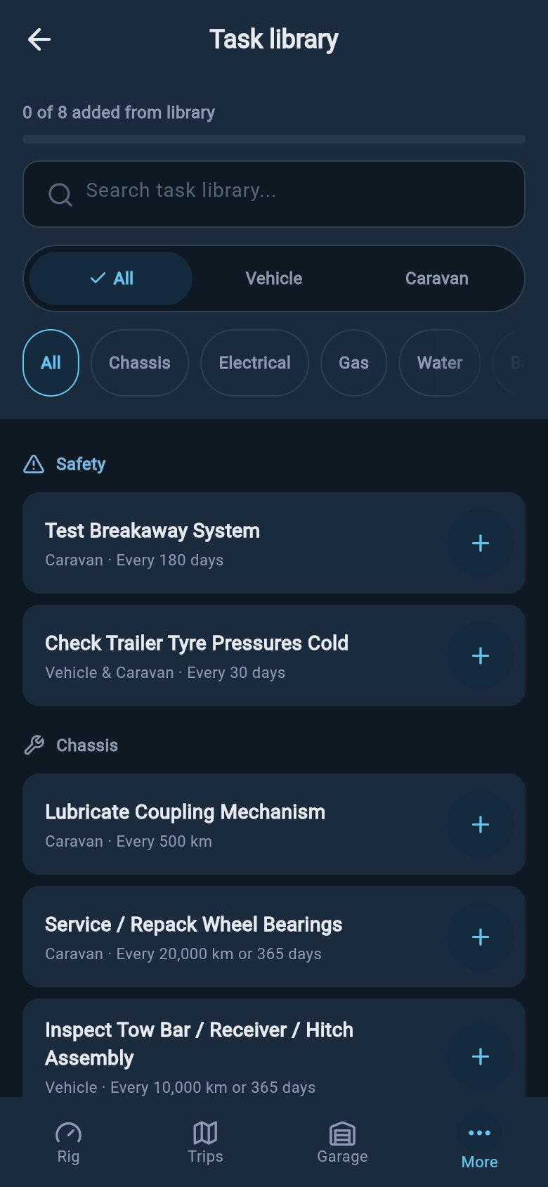 Maintenance task library with vehicle and trailer task categories, add buttons, and seeded jobs.