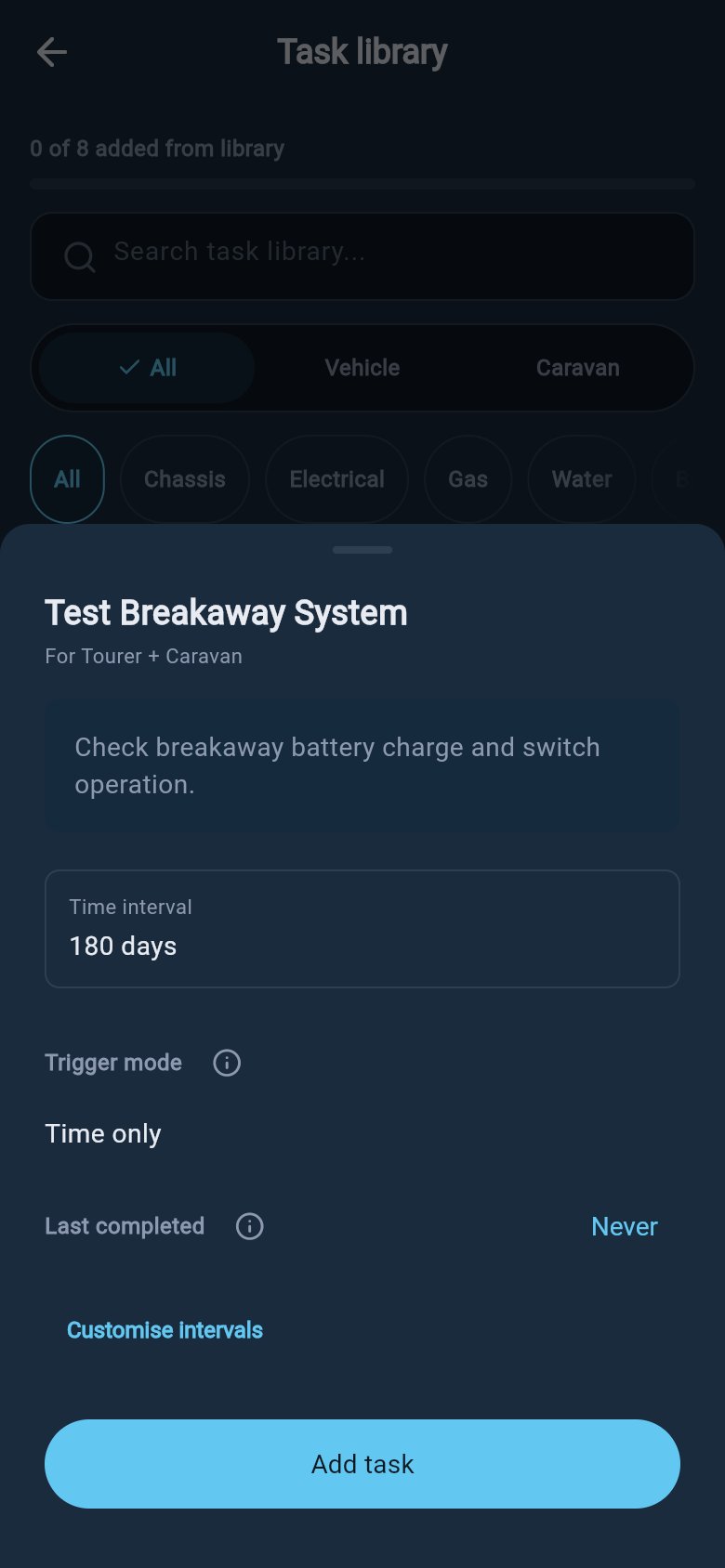 Add-from-library sheet for a maintenance task with interval and last-completed fields.