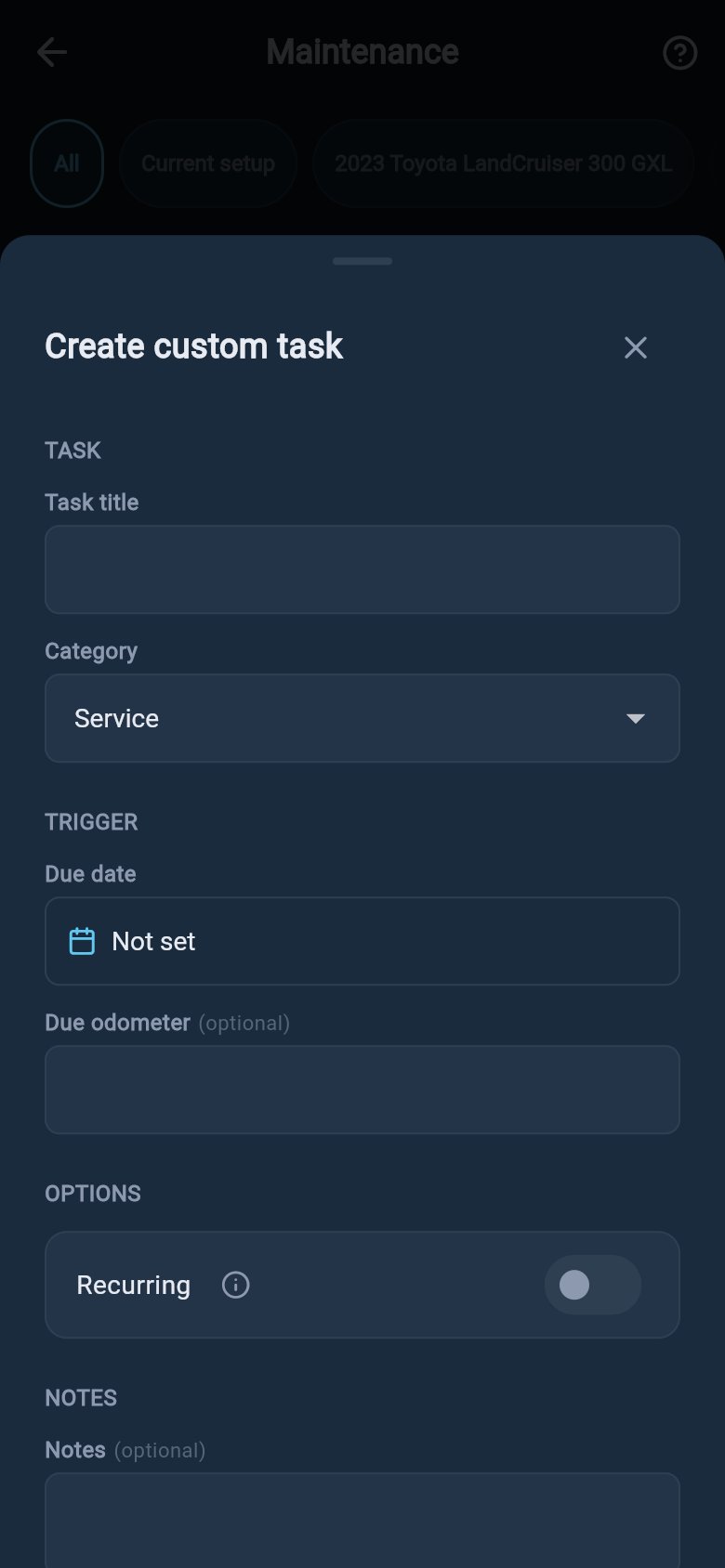Custom maintenance task form with name, asset, category, recurring schedule, and trigger fields.
