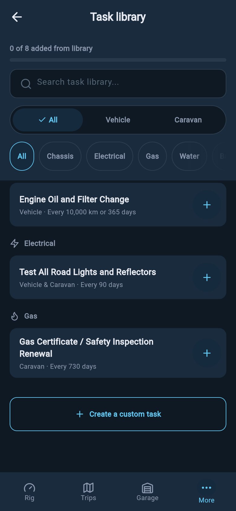 Australian maintenance task library examples including safety inspection renewal and gas certificate tasks.