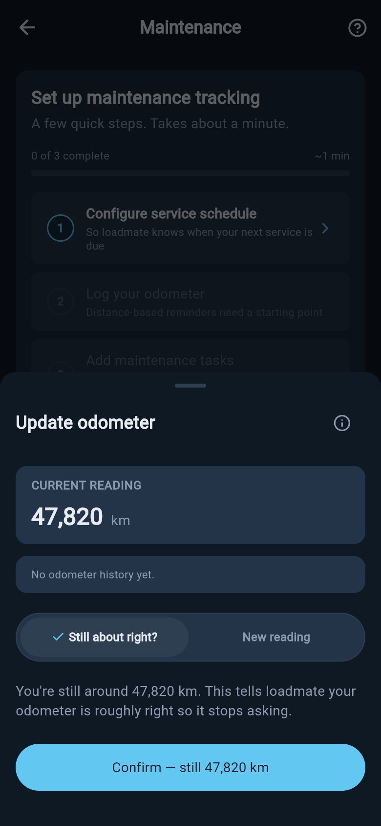 Update odometer sheet showing the current reading at the top and a new reading field with a save button.