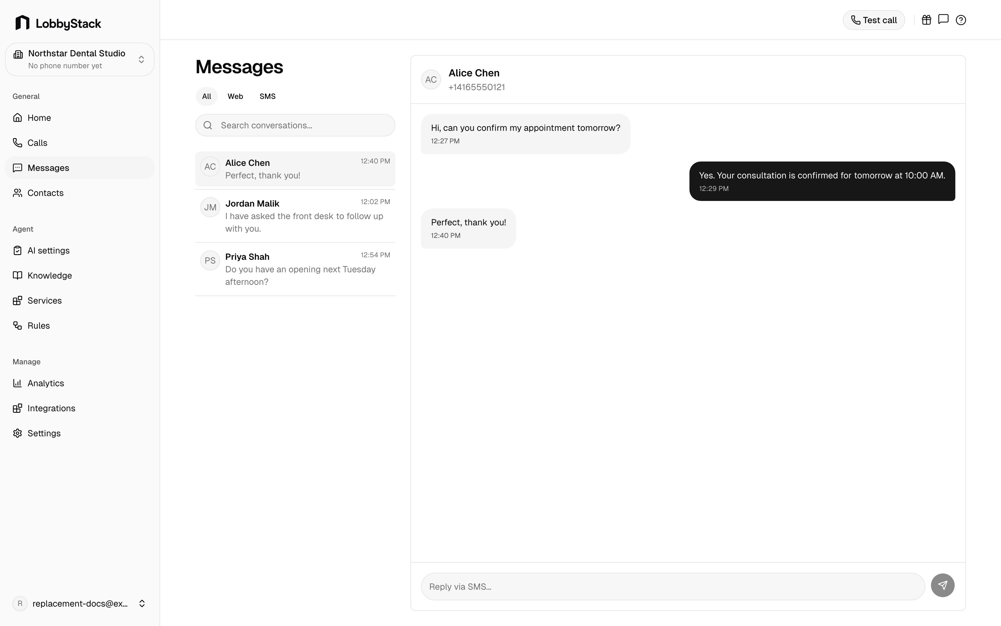 Página Mensajes de LobbyStack