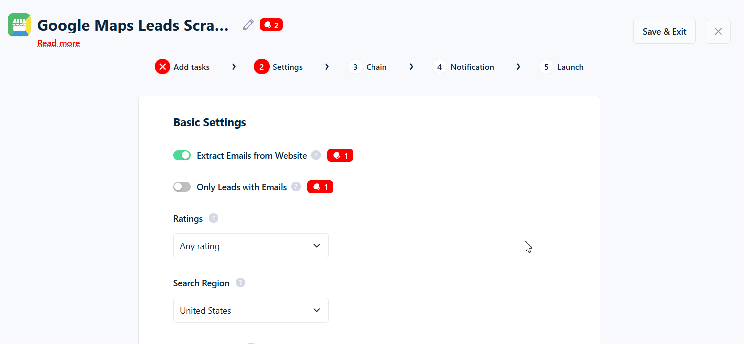 Toggling Exact Name Match on in the Google Maps Leads Scraper settings