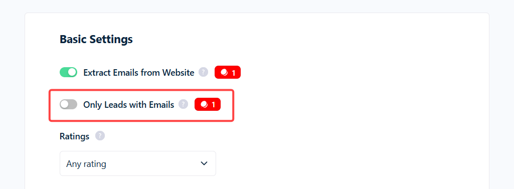 Only Leads with Emails toggle next to Extract Emails from Website in the Google Maps Leads Scraper settings