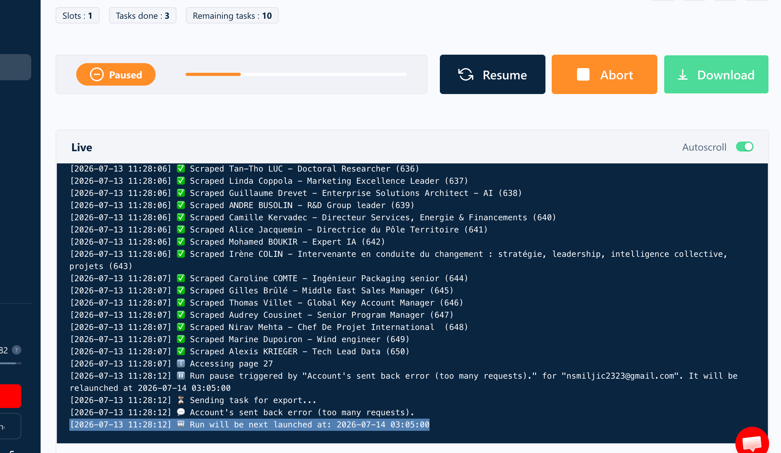Live console showing the run paused for too many requests, with the time it will be relaunched (2026-07-14 03:05:00)