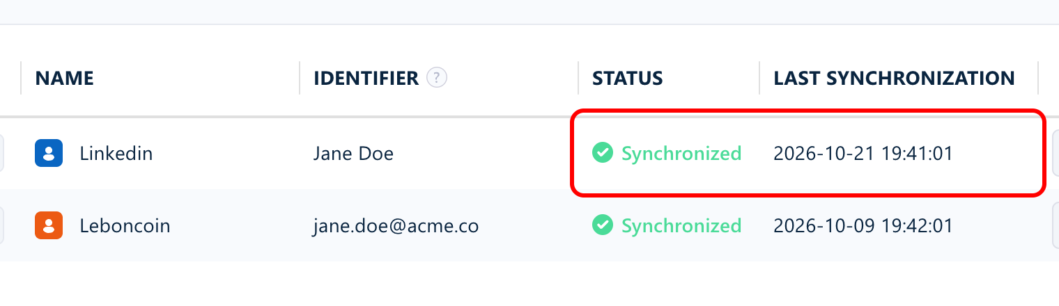 lobstr.io Accounts page with a LinkedIn account marked Synchronized and synced today