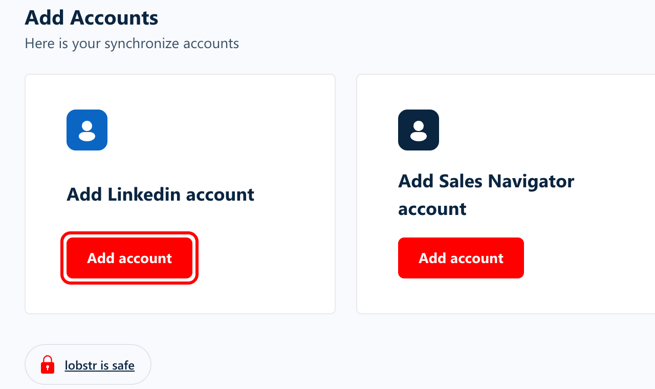 Add Accounts page in lobstr.io with the Add account button of the LinkedIn card highlighted
