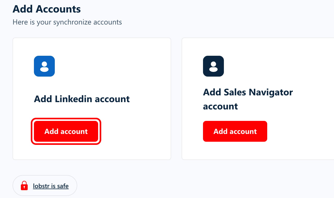 Add Accounts page in lobstr.io with the Add account button of the LinkedIn card highlighted