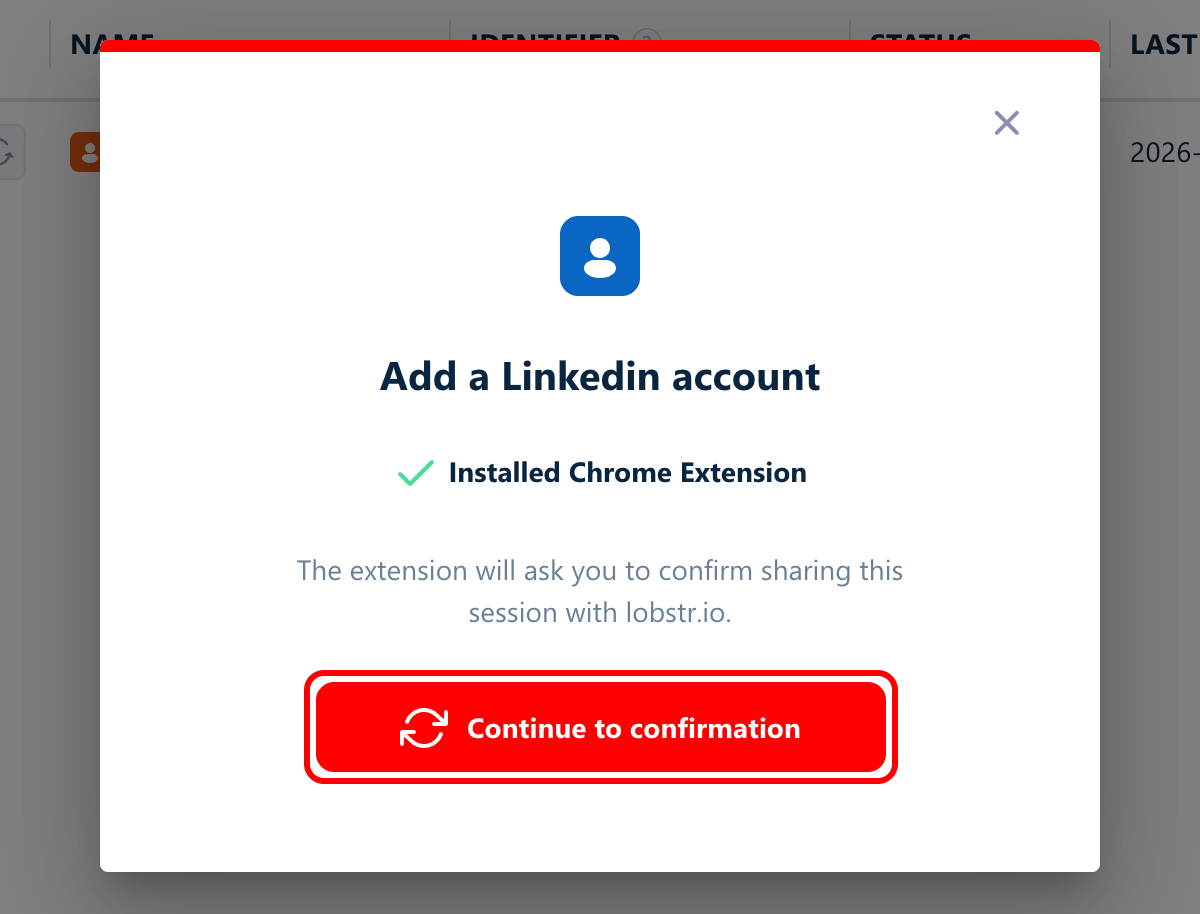 Add a LinkedIn account window in lobstr.io with the Continue to confirmation button highlighted