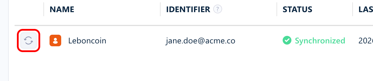 Account row in lobstr.io with the sync icon highlighted at the start of the row