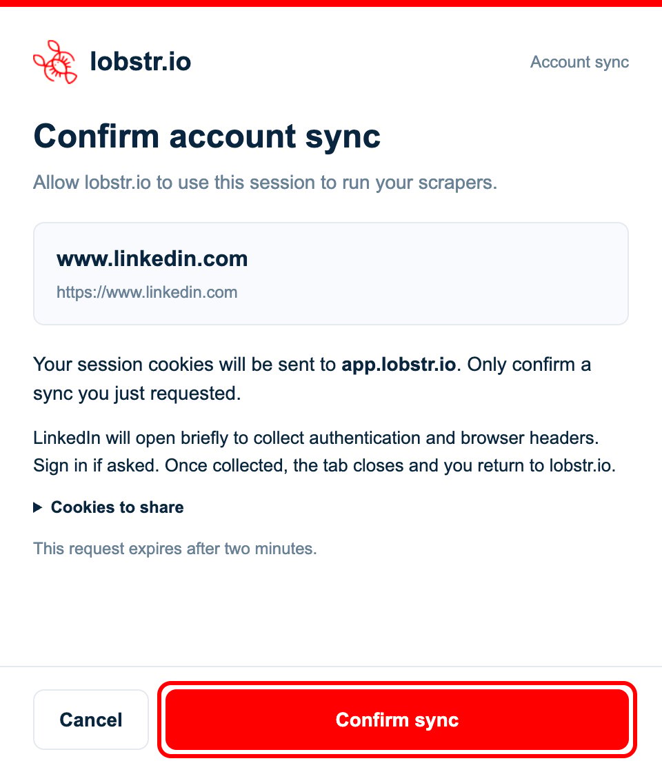 Extension window titled Confirm account sync for www.linkedin.com, with the Confirm sync button highlighted