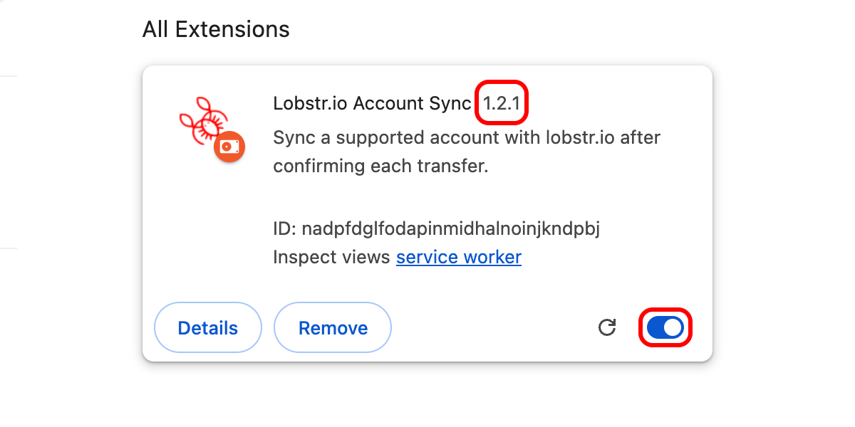 lobstr.io extension card in Chrome showing version 1.2.1 and its switch turned on