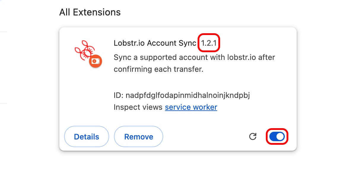 lobstr.io extension card in Chrome showing version 1.2.1 and its switch turned on