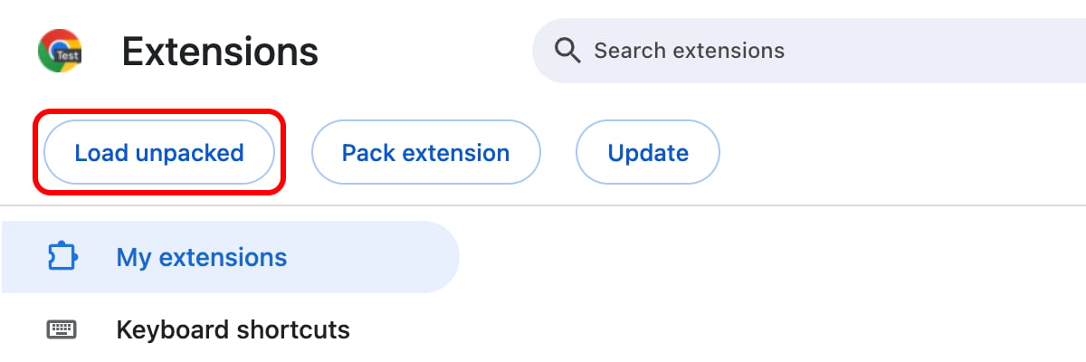 Chrome extensions page with the Load unpacked button highlighted