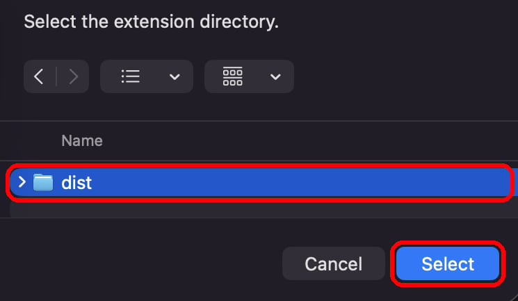 macOS folder window with the dist folder selected and the Select button highlighted