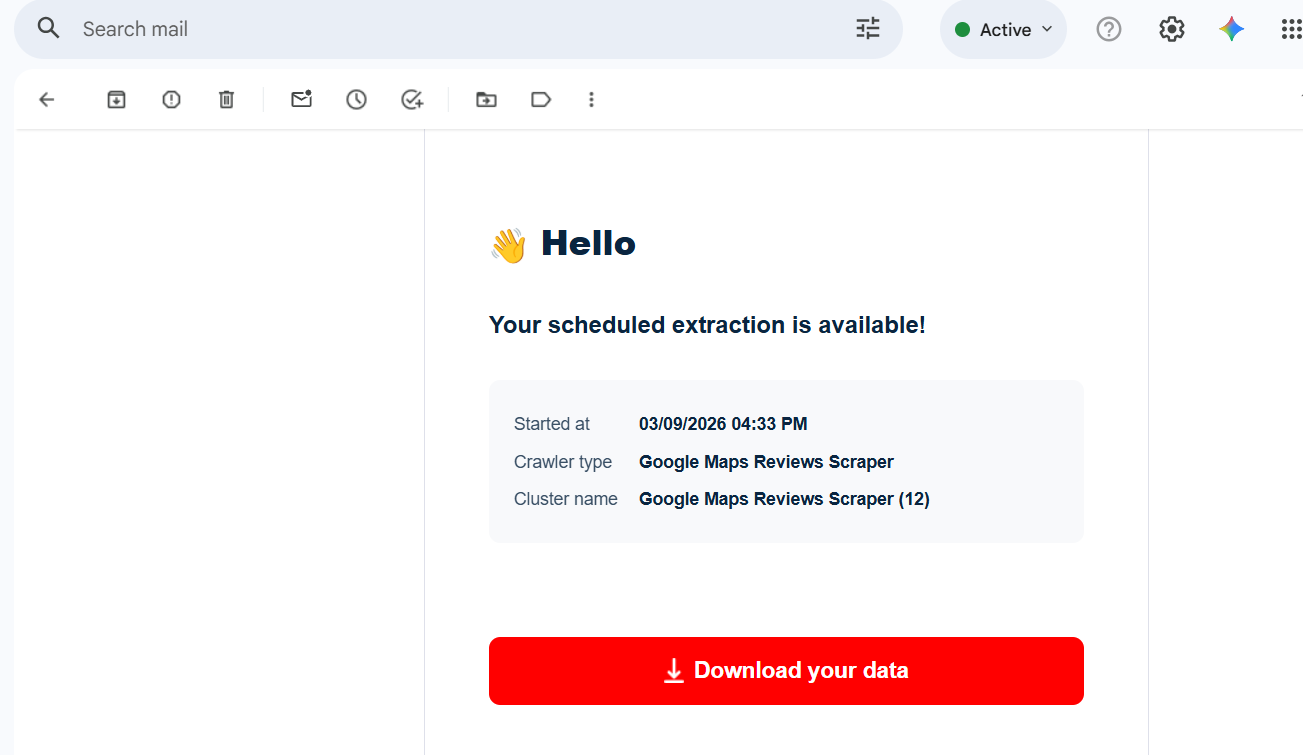 The lobstr.io email announcing that a scraped extraction is available, with a Download your data button