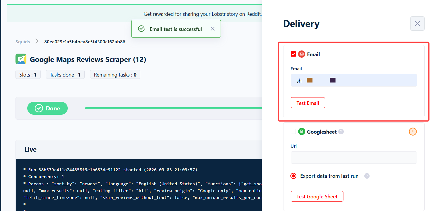 The Email section of the Delivery panel with an address entered and the test confirmed