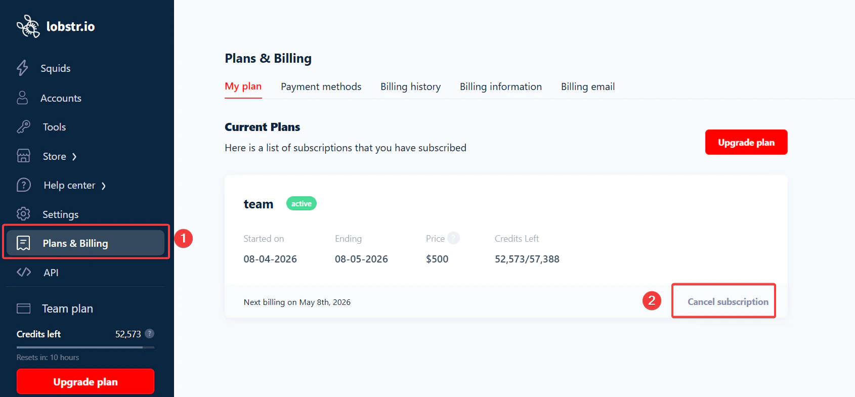Cancel your lobstr.io subscription