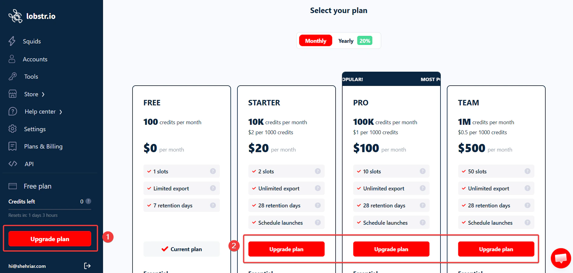 Upgrade or downgrade your lobstr.io plan
