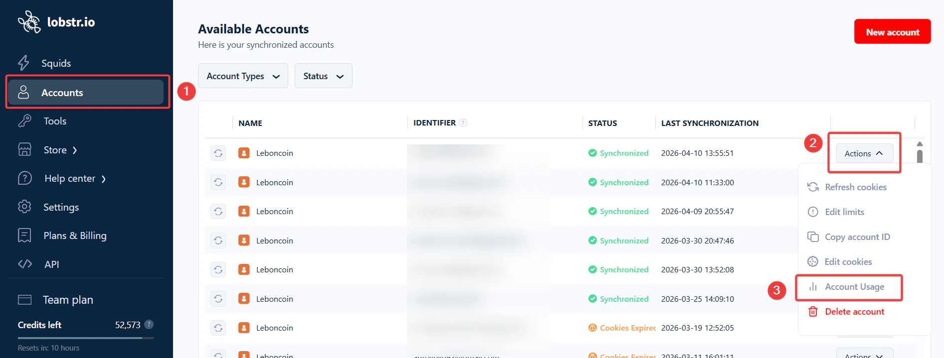 Accounts page showing the Actions dropdown with Account Usage highlighted