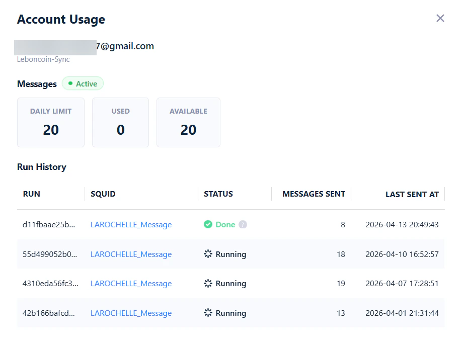Account Usage pop-up showing daily limit, used, available, and Run History